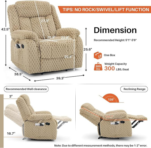 Massage Recliner Chair with Heat, Plush Faux Fur Recliner Chairs for Adults, 39" Wide Manual Reclining Ergonomic Lounge Chair, Overstuffed Wall Hugger Recliners for Living Room, Sand Yellow