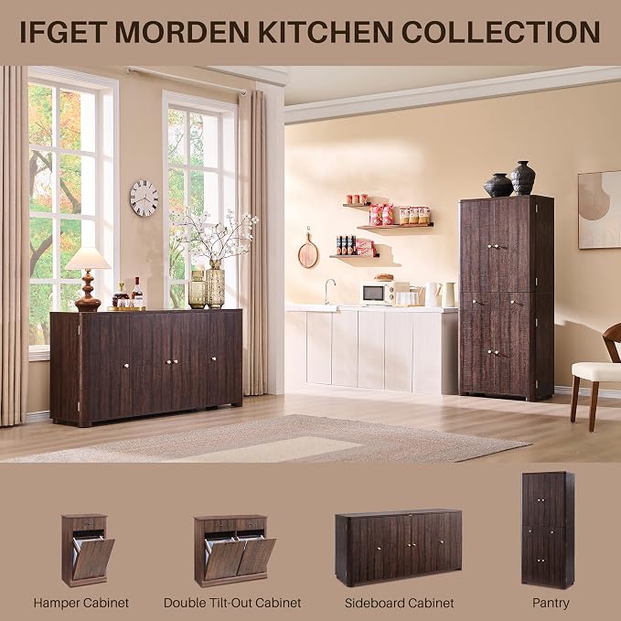 IFGET Curved Buffet Cabinet with Doors, 66" Large Sideboard Buffet Storage Cabinet with 4 Doors and Shleves, Modern Coffee Bar Station Wood Kitchen Table for Kitchen, Dining Room, Borwn