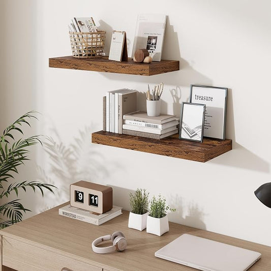 Fun Memories 24 Inch Floating Shelves Wall-Mounted, 10 Inch Deep Wall Shelves, 24 x 10 Floating Shelf for Living Room Bathroom Bedroom, Rustic Brown, Set of 3