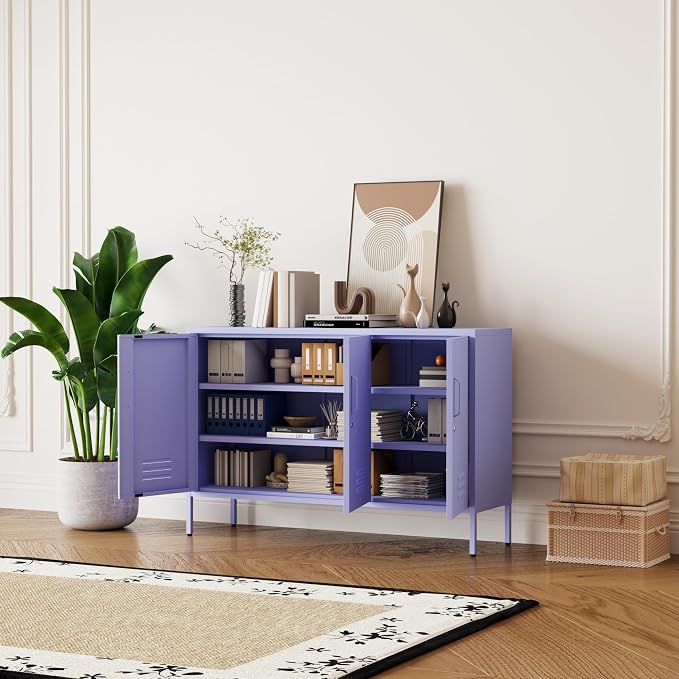 Purple Metal Storage Cabinet 3 Door Wide Metal Storage Cabinet 2 Layer Adjustable Shelves 32 "H Wide Steel Lockable Storage Cabinet Multipurpose Metal Accent Cabinet for Office/Home/Dining
