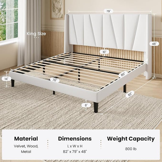 SHA CERLIN King Size Velvet Bed Frame with Geometric Wingback Headboard, Upholstered Platform Bed with Wooden Slats Support, 8" Under-Bed Space, No Box Spring Needed, Easy Assembly, White