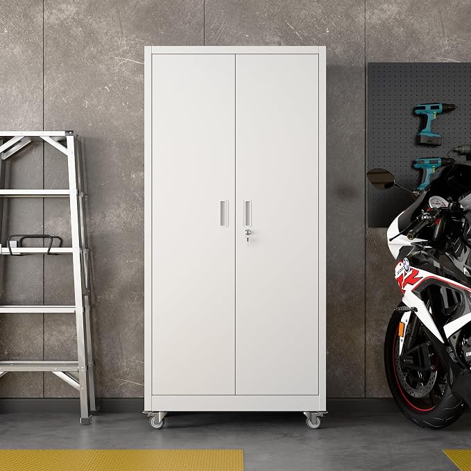 SUXXAN Garage Storage Cabinet with Pegboard and 5 Adjustable Shelves, 71'' x 32'' x 16''Metal Lockable Cabinet with Magnetic Doors,Tool Storage,Home Office Garage,Gym,School(White)