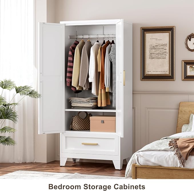 QINPTWUT 71" Tall Metal Wardrobe with Doors, Hanging Rod & Adjustable Shelf, Freestanding Steel Armoire for Bedroom Home Office, 1-Drawer White