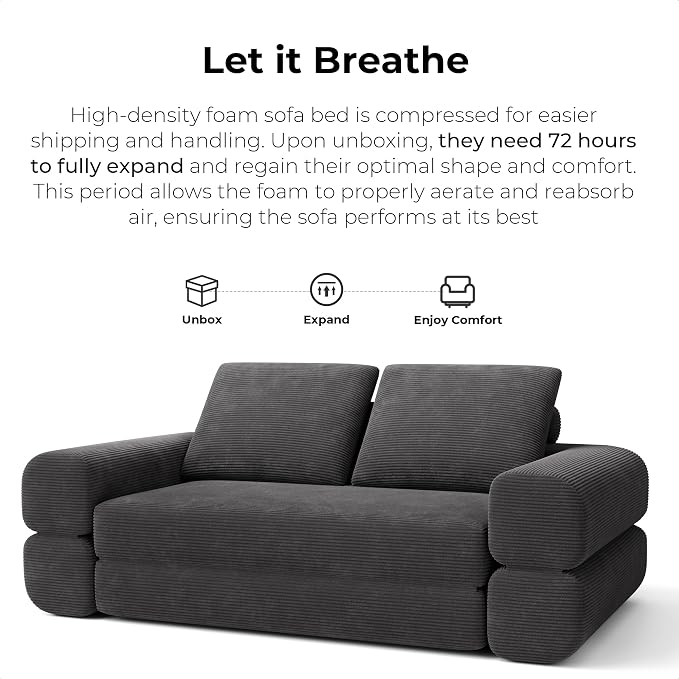 LIKIMIO FlipNest Convertible Sleeper Sofa Bed Floor Sofa 3-in-1 No Assembly, Foldable Mattress with Corduroy Upholstery Dark Grey, Lounge Loveseat Couch for Living Room Studio Guest Room