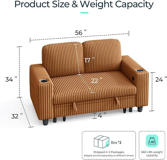 LINSY HOME Loveseat Sofa with Storage - Comfy Plush Corduroy 2 Seater Sofa with USB Charging & Cup Holders, Deep Seat Love Seat for Small Spaces Living Room Bedroom Apartment, Brown