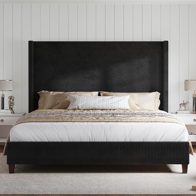 HOWE King Size Bed Frame with 61.4" Extra Tall Headboard, Corduroy Upholstered Bed with Vertical Wingback Headboard, No Box Spring Needed/Noise Free/Solid Wood Slats & Legs/Black