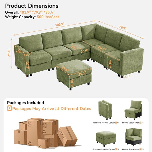 104'' V Shaped Modular Sofa, Sectional Couch with Storage for Living Room, Modern 7 Seater Cloud Sectional Couch with Movable Ottoman, Chenille Green