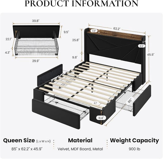 SHA CERLIN Queen Bed Frame with 3 Drawers, USB & Type-C Charging Ports, Velvet Upholstered Platform Bed with Modern Geometric Wingback Storage Headboard, No Box Spring Needed, Easy Assembly, Black