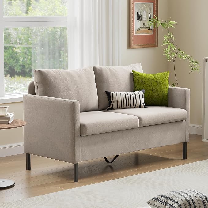 TYBOATLE Modern Beige Small Loveseat Sofa Couch for Living Room, 51 Inch Upholstered 2-Seater Love Seats w/Iron Legs for Compact Small Space, Apartment, Bedroom, Dorm, Office