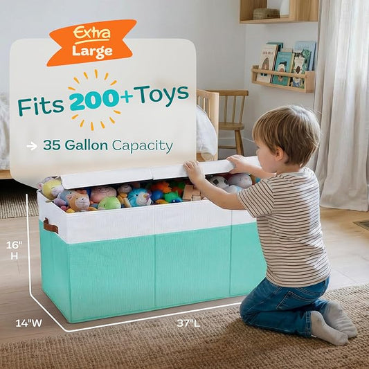 SoftOwl Extra Large Toy Storage Organizer with Lid - Sturdy, Collapsible Toy Chest Storage Box Design - Toys Bin with Dividers for Kids, Nursery, Bedroom, Playroom 37"x16"x14"