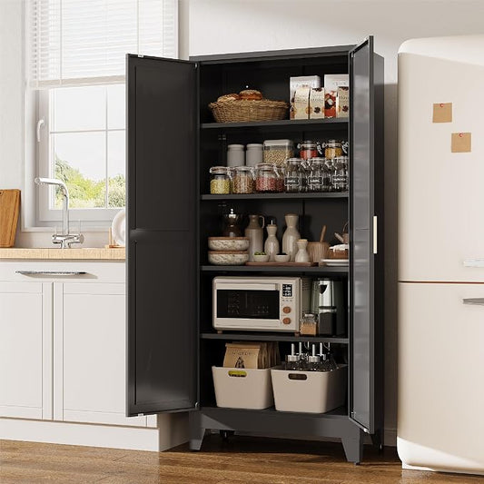 71”H Metal Kitchen Pantry Cabinet, Pantry Cabinets with 2 Doors and 4 Shelves, Kitchen Cabinet for Kitchen, Dining Room, Living Room and Bathroom, Black