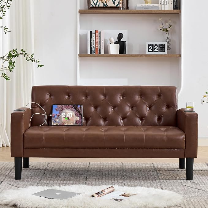 TYBOATLE 62" W Brown Leather Loveseat w/ 2 USB and 2 Cupholders, Mid-Century Modern Tufted Small Love Seat Couches for Office, Living Room, Bedroom, Dorm (1, Brown)