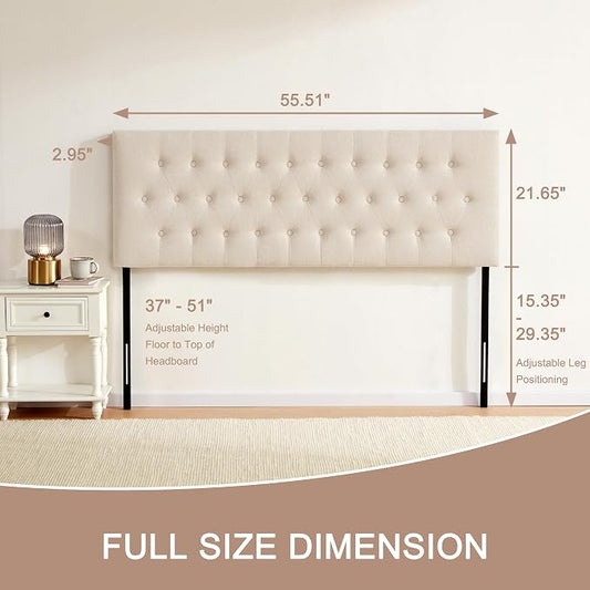 Tufted Upholstered Headboard Full Size, Adjustable Height 37- 51 in, Beige | Sturdy and Durable Solid Wood Full XL Headboard, Fabric Full Headboard Only, Modern Button Diamond Design Head Board