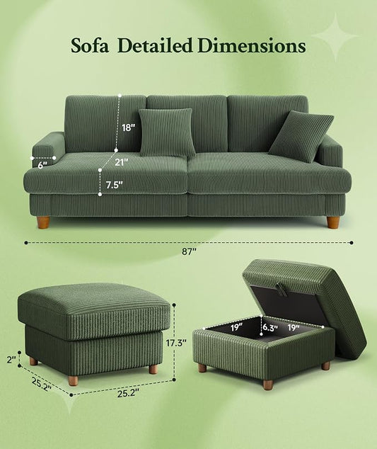 Welzona 87.2" Couches for Living Room, Comfy U Shaped Couch Green 7.5" Thicker Cushion, Sofas for Living Room Tool-Free Setup, Loveseat with Ottoman 848lbs Support, Corduroy Couch for Bedroom, Office