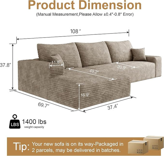 AUGOP 108" Sectional Couches for Living Room Modern Modular Sofa with L-Shape Couchs Upholstered Boneless Couch Deep Seat Sectional Couch with Chaise (Camel, Left Facing Chaise+2Seaters)