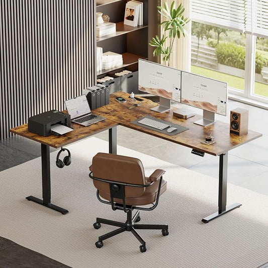 Agilestic Electric L Shaped Standing Desk 63 x 48 Inch with Power Outlet, Height Adjustable Corner Stand up Desk with Cable Management,Sit Stand Home Office Workstation with Splice Board, Rustic Brown