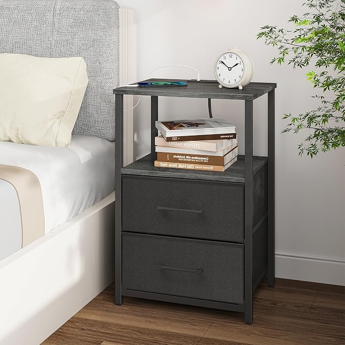 TUTOTAK End Table with Charging Station, Side Table with 2 USB Ports and Outlets, Nightstand with Cloth Drawer, Set of 2, Couch Table, Charcoal Grey TB01BY052