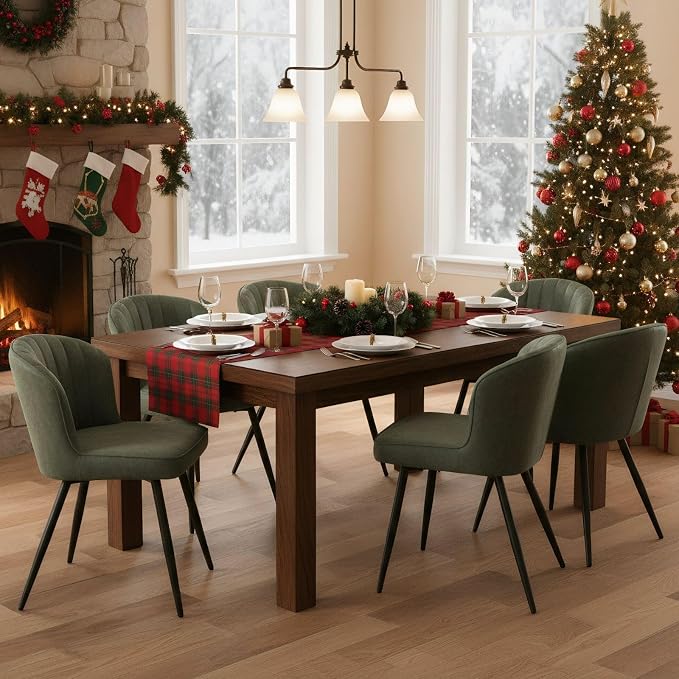 ROCITY Modern Upholstered Dining Chairs Set of 6 Green Leather Dining Room Chairs Armless Kitchen Chair with Black Metal Legs