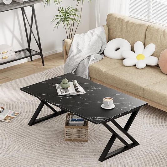 Wolawu Coffee Table Living Room Table Black Center Table, Simple Modern Faux Marble Rectangular Tea Table with Sturdy Black-Finished Metal Frame,Industrial Wooden Coffee Table for Bedroom Home Office