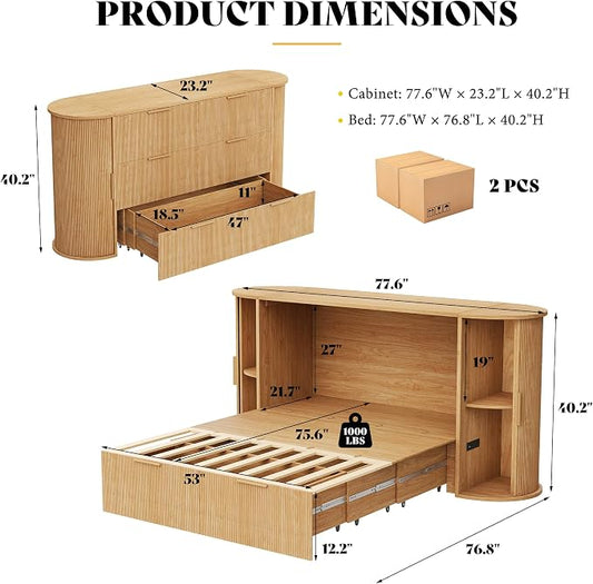 AMERLIFE Full Murphy Bed with Storage Bedside Shelves & Sliding Tambour Door, Modern Cabinet Bed with Charging Station & Curved Fluted Design for Bedroom/Guest/Home Office, Natural Oak