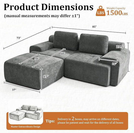 85" L Shaped Oversized Cloud Couch, Comfort Boneless Sectional Couches for Living Room, Modular Sofa High Back & Extra Deep Seat, No Assembly, Soft Chenille (Dark Grey, 85 inch- L Shaped(2+1))
