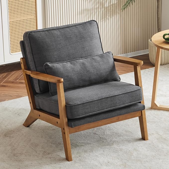 VINGLI Solid Wood Wide Armrests Accent Chair,Upholstered Mid Century Modern Chair with Pillow,Comfy Reading Chair Farmhouse Arm Chair,Chairs Living Room,Bedroom,Guest Room,Linen Fabric,Dark Grey
