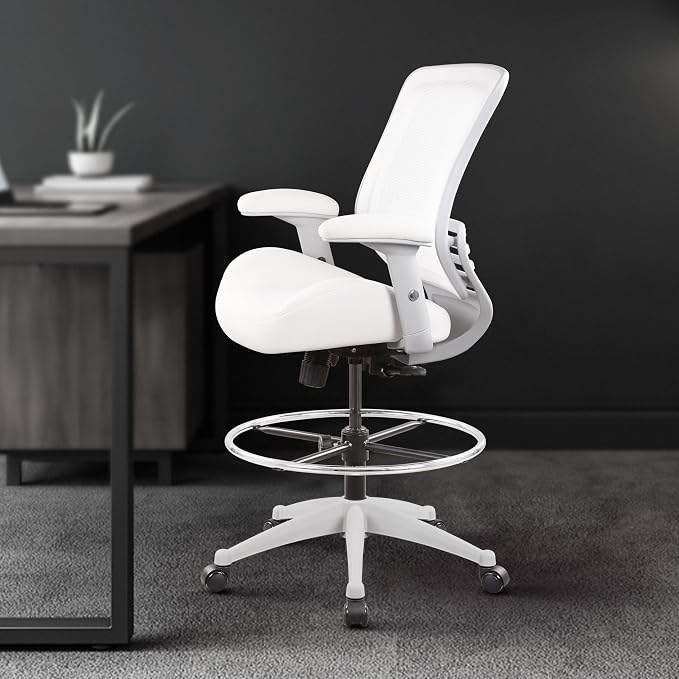 BOLISS 400lbs Mesh Ergonomic Office Drafting Chair Big Adjustable Foot Ring Height Adjustable Armrest (Wht)