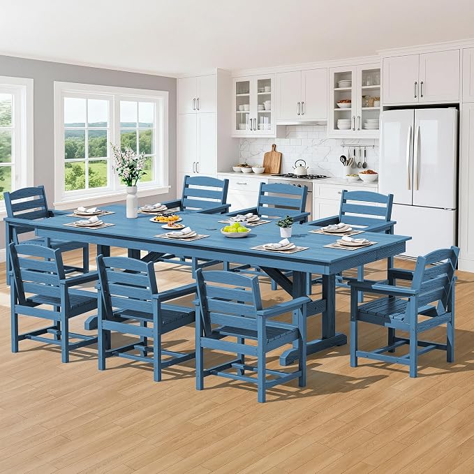 SERWALL 9 Piece 84" HDPE Outdoor Dining Set for 8 with Armchairs and Umbrella Hole, Blue