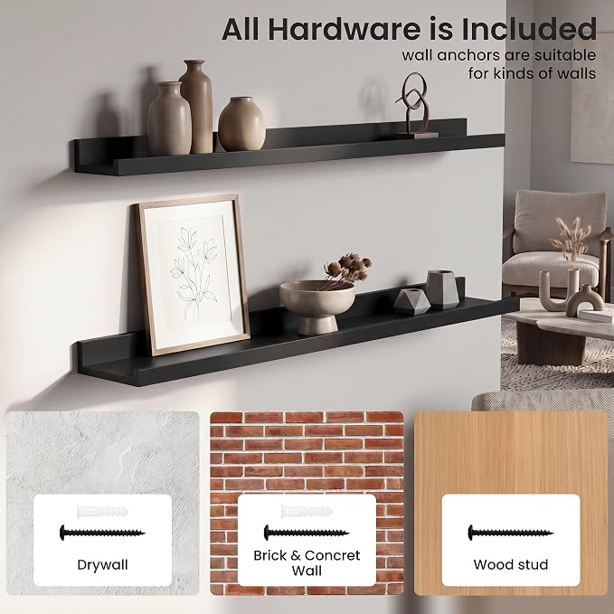 Axeman Picture Ledge Shelf | 40 Inch Floating Shelves Set of 4 | Black Wall Shelves with Lip | Black Picture Shelf for Wall with Ledge | Wood Photo Ledges for Living Room Bedroom