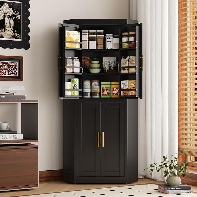 GAIOUS 63" Tall Metal Corner Kitchen Pantry Cabinet, Steel Storage Cabinets with 4 Doors and 3 Shelves, Kitchen Food Cabinets with 6 Door Panel Shelves, Farmhouse Cupboard for Kitchen Dining, Black