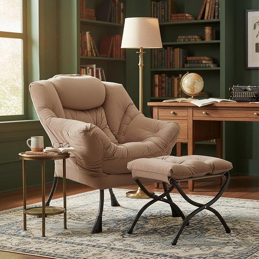 Welnow Lazy Chair with Ottoman, Modern Accent Chair with Armrests and a Side Pocket, Leisure Sofa Chair Set, Reading Chair with Footrest for Small Space, Corner Chair, Dark Brown