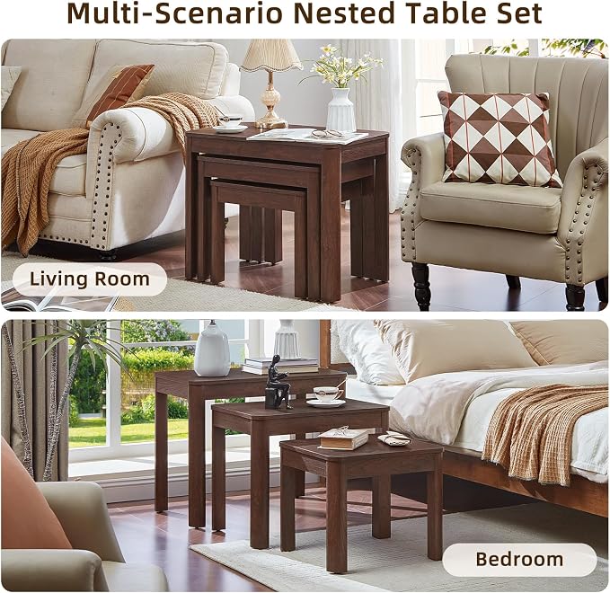 Joaxswe Farmhouse Nesting Tables Set of 3, Living Room Table Set with Rounded Corners & 4 Thickened Table Legs, Walnut