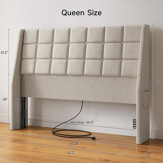 Ergonomic Upholstered Headboard Queen Size w/Charging Station, Linen Wingback Headboards w/Storage Pocket, Queen Headboard Only, Bed Frame Adapters, Sturdy Stable Solid Wood Bed Head Board, Beige