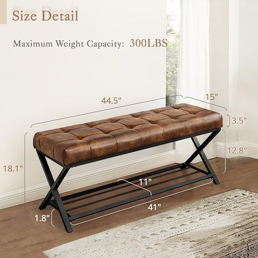 LUE BONA 44.5” End of Bed Bench with Shelf, Linen Tufted Upholstered Storage Shoe Bench, Modern Bedroom Bench with Metal Legs for Living Room, Entryway, Dining Room, 300 LB, Yellowish Brown