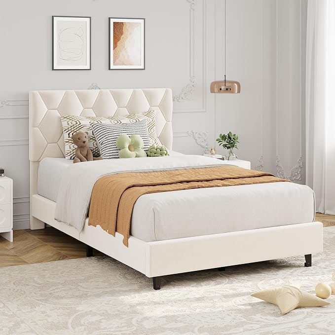 GarveeHome Twin Size Platform Bed Frame with Upholstered Headboard and Wooden Slats Support, Upholstered Mattress Foundation/No Box Spring Needed/Easy Assembly, Beige