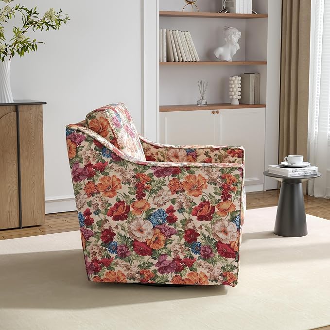 Swivel Accent Chairs Set of 2, 360° Swivel Upholstered Club Armchairs for Living Room, Comfy Fabric Single Sofa Reading Chair with Deep Seat, Metal Swivel Base, Beige Floral