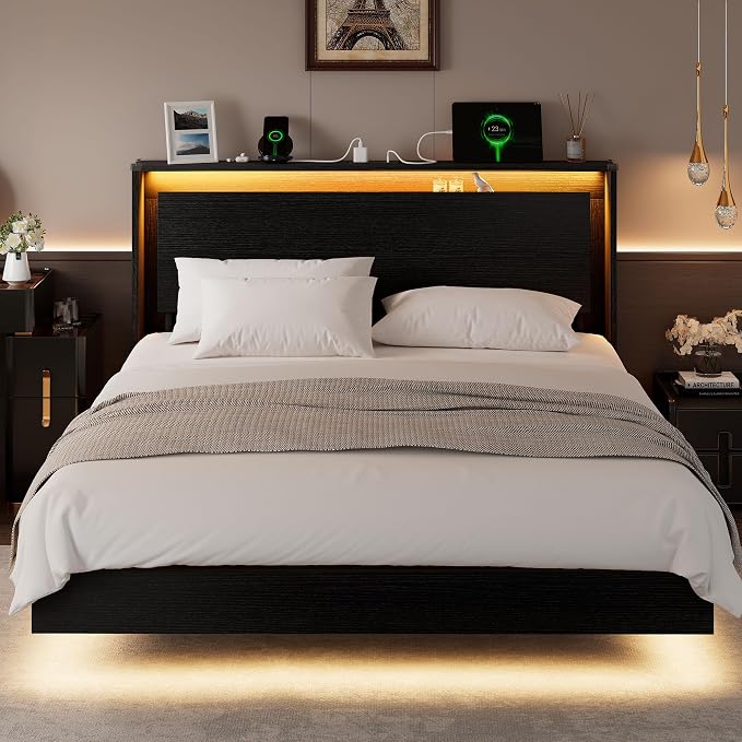 Einhomn Bed Frame Queen Size with LED Lights & Charging Station – Kids Wood Floating Queen Bed Frame with Storage Headboard, Adhesive Slats, Kick-Free & Noise-Free Design, Easy Assembly, Black