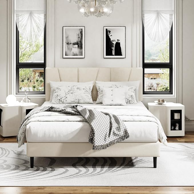 Sismplly Queen Size Platform Bed Frame with Upholstered Headboard, Wooden Slats Support, Noise Free, No Box Spring Needed, Easy Assembly, Beige, Velvet