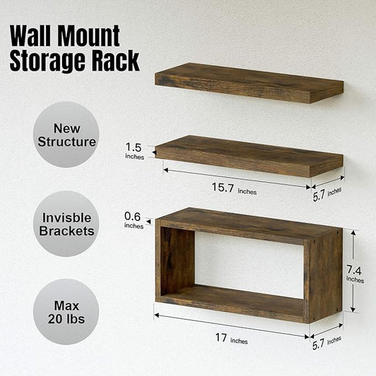 RICHER HOUSE Floating Shelves Set of 3, Modern Bathroom Shelves Wall Mounted Shelves with Invisible Brackets Over Toilet, Rustic Wall Shelves for Bathroom Bedroom, Living Room, Kitchen - Brown