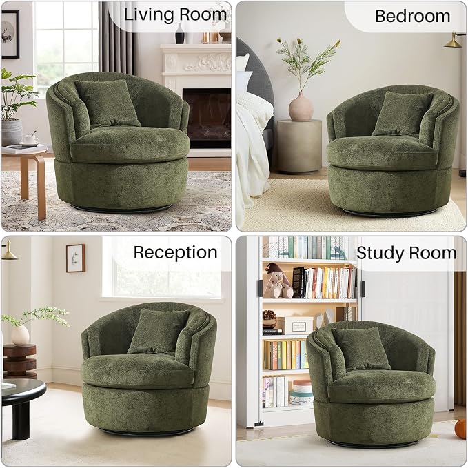 Swivel Accent Chair, 360 Degree Round Swivel Barrel Chair with Pillow, Widened Upholstered Comfy Barrel Armchair for Living Room Bedroom Reading Room, Green