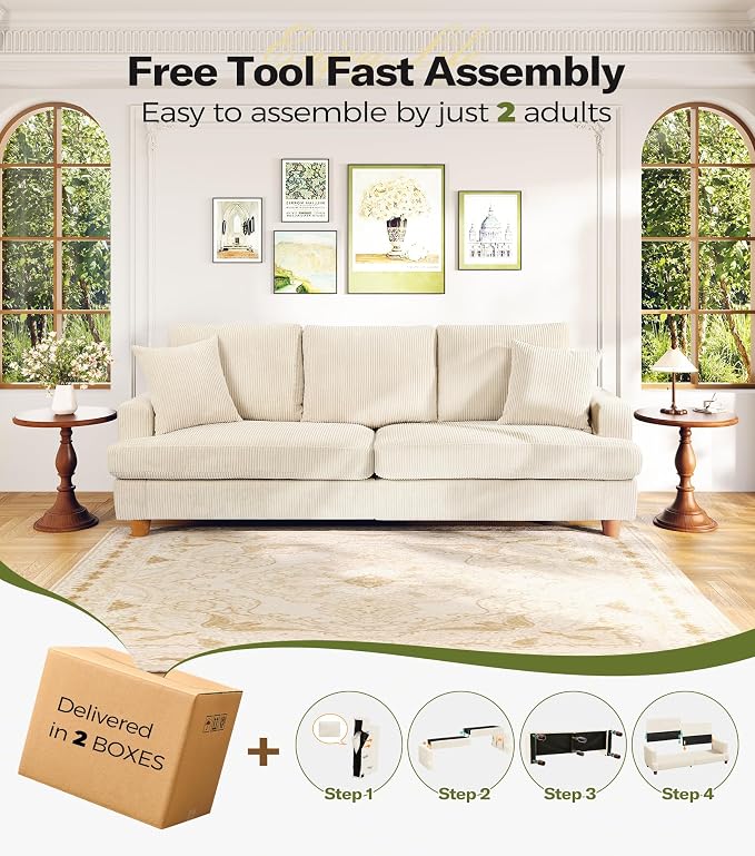 Kidirect 87in L Shaped Couch, Modular Sofa No Tool Assembly, Comfy Sectional Couches for Living Room 21in Deeper Seats, Corduroy Sofas for Living Room with 2 Pillows, Loveseat Sofa Set, Beige Couch