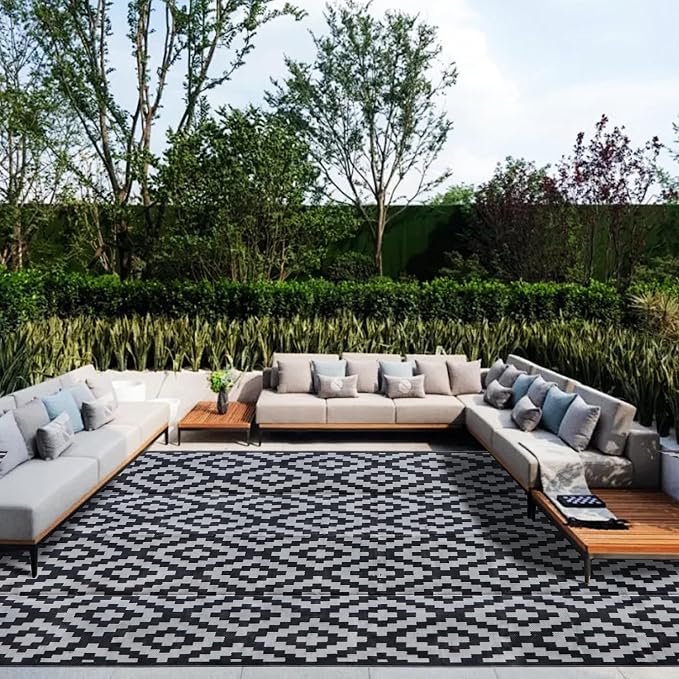 SAND MINE Waterproof Outdoor Rug 10x20 ft, Plastic Reversible Rug, Modern Area Rug, Large Floor Mat for Outdoors, RV, Patio, Backyard, Deck, Picnic, Beach, Camping, Black & Grey