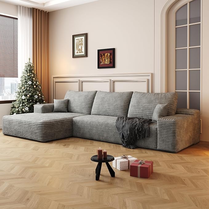 107" Boneless Couch with L Shaped Chaise, Plush Corduroy Sleeper Sectional Sofa, Deep Seat Comfy Couches for Living Room Bedroom, Compressed Foam Cloud Sofas, No Assembly, Left Facing Chaise, Grey