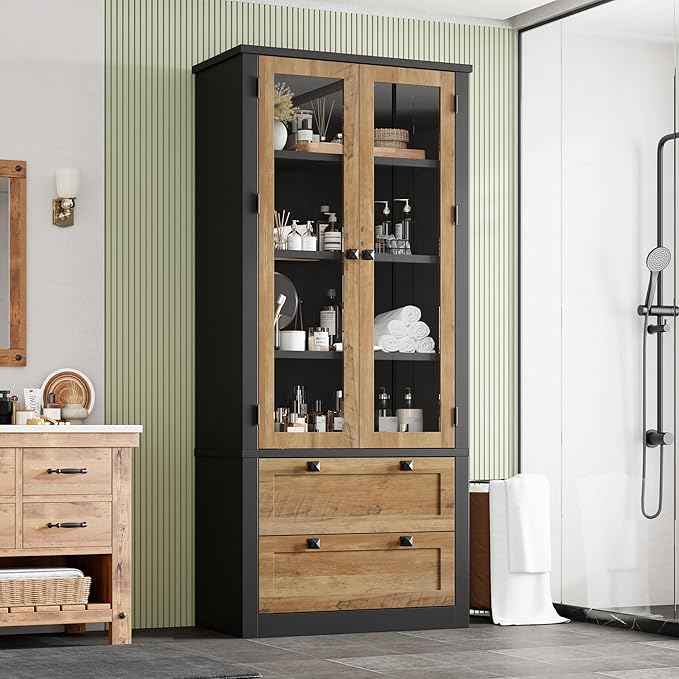 71" Tall Kitchen Pantry Cabinet - Modern Display Storage Cabinet with 2 Large Drawers, Glass Doors, and Adjustable Shelves, Kitchen Cupboard for Dining Room, Bathroom, Living Room, Black + Brown