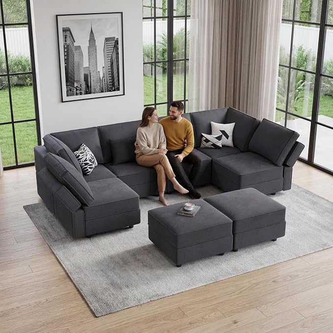 Vesgantti Sectional Sleeper Sofas with Storage, 118" Sofa Bed with 8 Seats Storage Chaises Removable Cover, Deep Seat Modular Couches Velvet Couch Set for Living Room, Apartment, Home Theater, Gray