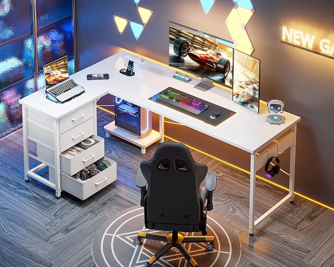 AODK L Shaped Gaming Desk with 4 Drawers, 61" Reversible Home Office Desks with Power Outlets, L Shaped Computer Desk with USB Charging Port and Host Stand, Corner Desk, Easy to Assemble, White