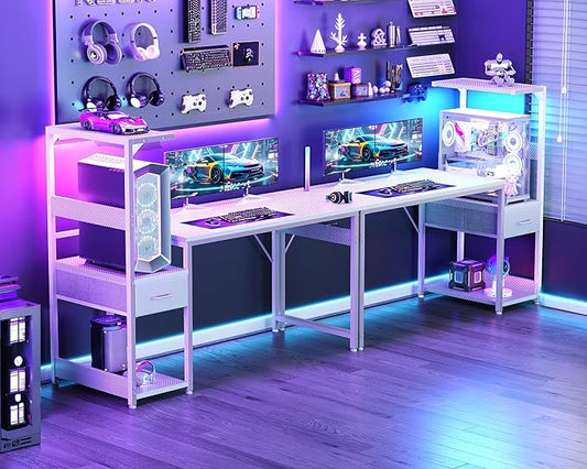 Casaottima 48'' Gaming Desk with LED Lights & CPU Stand, Reversible Computer Desk with Storage Shelves & Fabric Drawer, Modern PC Gamer Table with Headphone Hook, Carbon Fiber White