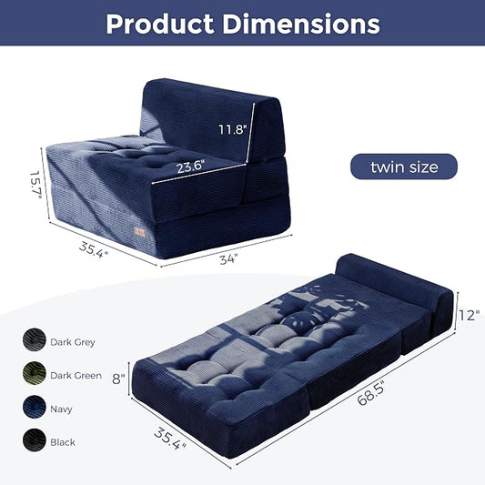 MAXYOYO 8" Folding Sofa Bed, Fold Out Chair Bed, Convertible Floor Sofa Couch, High-Density Foam Tufted Lounge Couch for Living Room Bedroom Dorm, Single, Navy