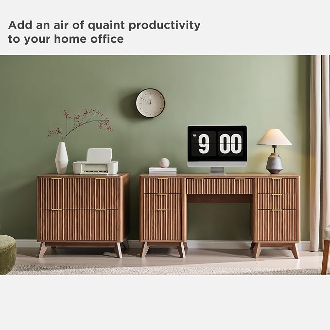 T4TREAM Fluted Executive Desk with Drawers, 60" Modern Home Office Computer Desk with Charging Station, File Cabinet, Keyboard Tray and Storage Cabinet for Study, Living Room, Bedroom, Light Walnut