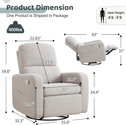 Swivel Rocker Recliner, Oversized Teddy Manual Nursery Glider Rocking Recliner with Removable Cushion, Upholstered Boucle Swivel Reclining Chair for Nursery Living Room Bedroom, Grey